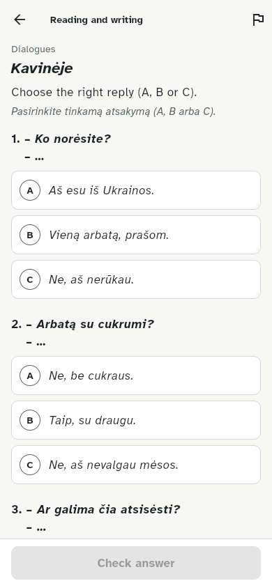 Skaitymo užduotis: tinkamo atsakymo pasirinkimas kavinės dialoge